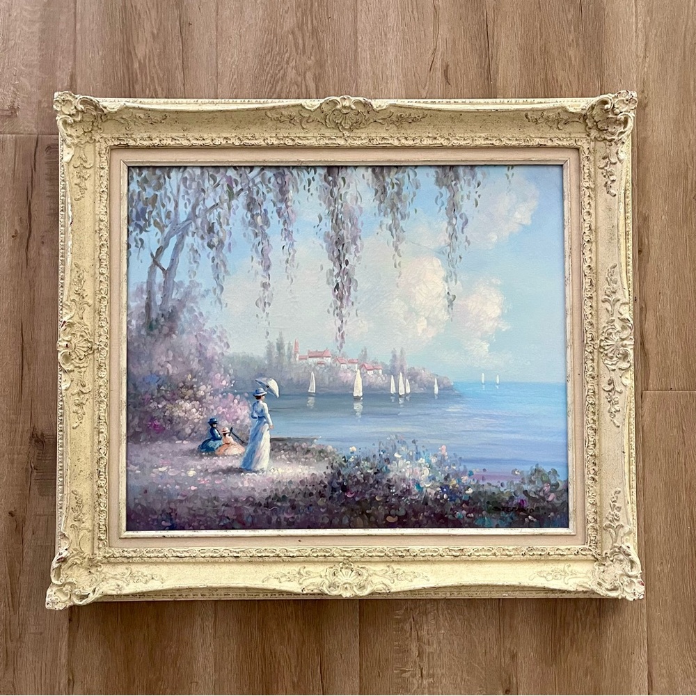 Vtg Oil On Canvas Painting Beachside White Embossed Frame Signed Stefano 31”x27”